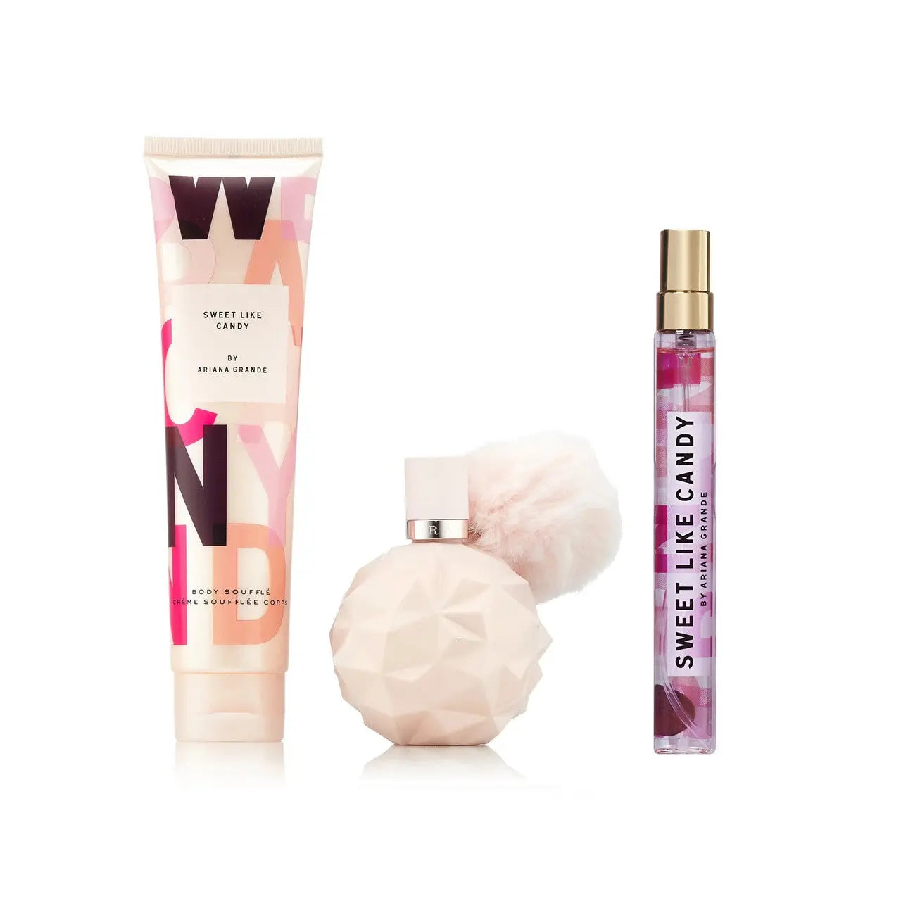Ariana Grande Sweet Like Candy 3 Pcs Set For Women: 1.7 Eau De Parfum Spray + 0.33 Eau De Parfum Spray + 3.4 Body Souffle Ariana Grande