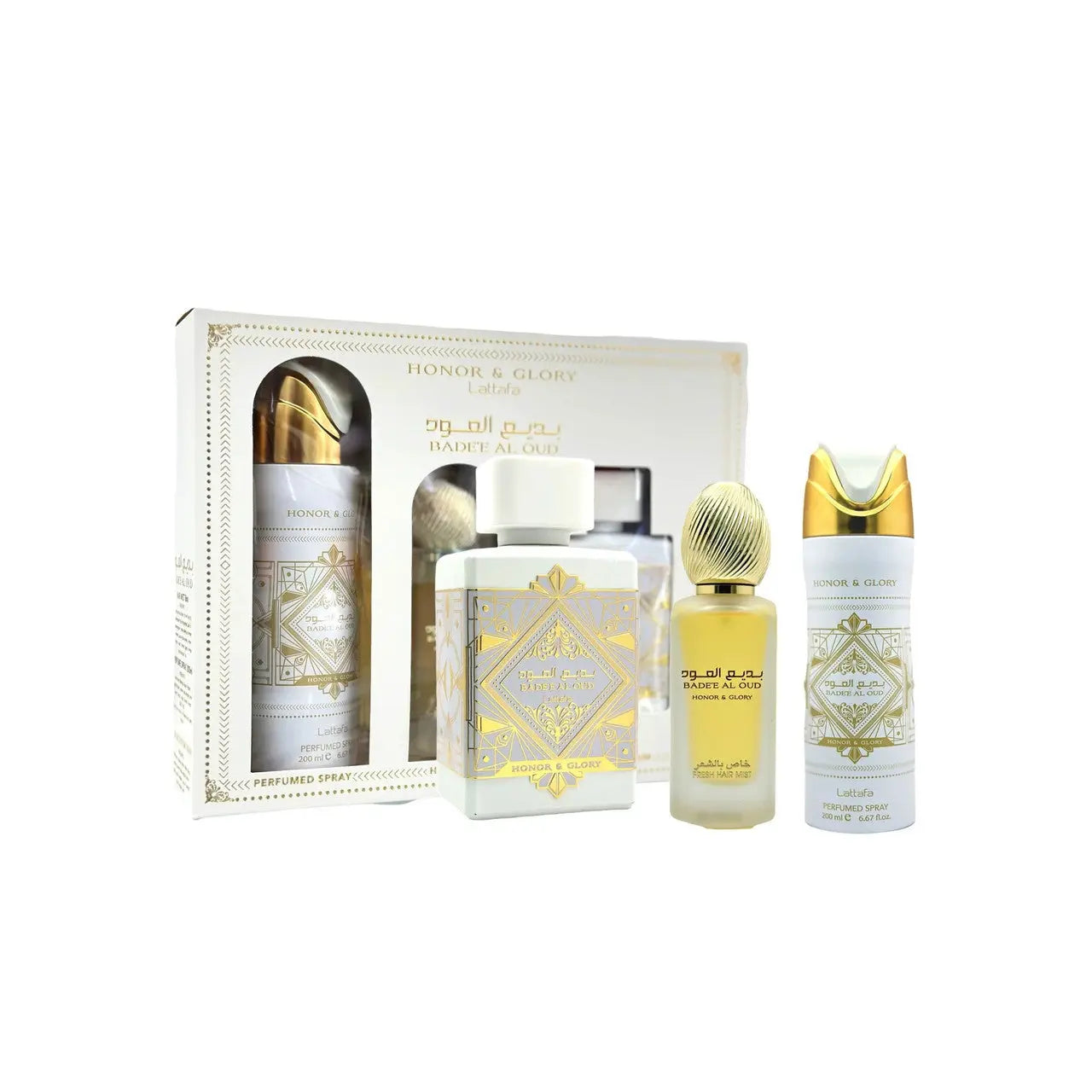 Lattafa Bade'E Al Oud Honor & Glory 3 Pcs Set: 3.4 Eau De Parfum Spray + 1.7 Hair Mist + 6.7 Perfumed Body Spray Lattafa