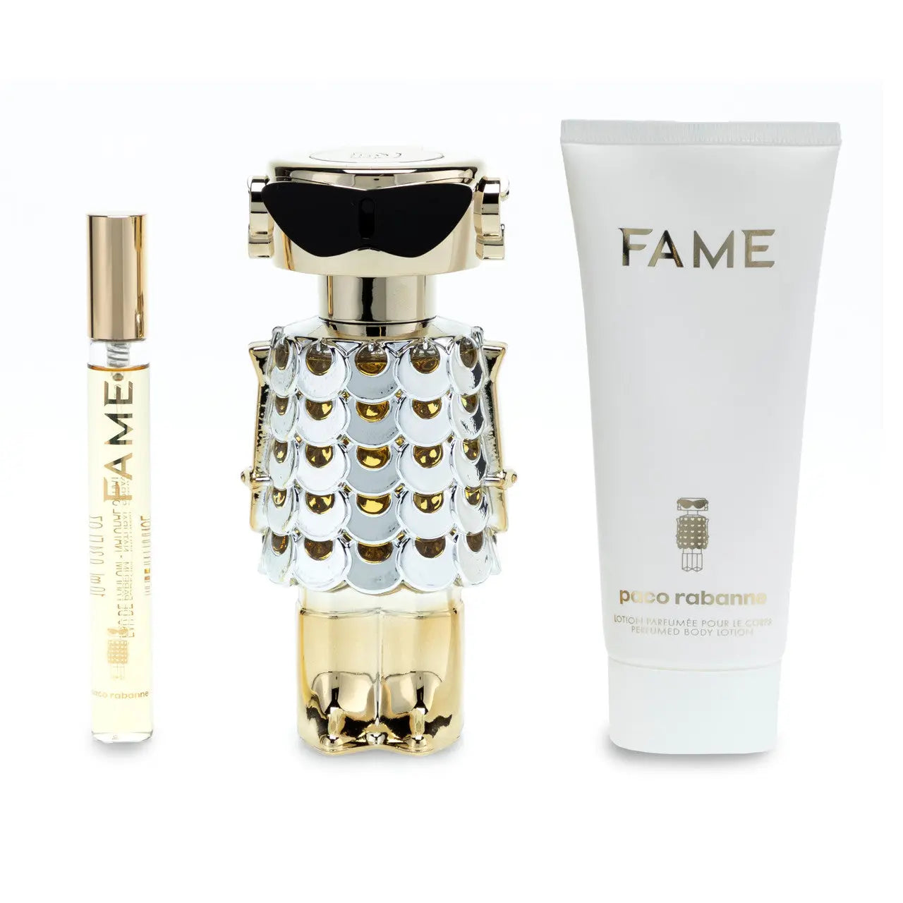 Paco Rabanne Fame 3 Pcs Set For Women: 2.7 Eau De Parfum Spray + 0.33 Eau De Parfum Spray + 3.4 Body Lotion Paco Rabanne