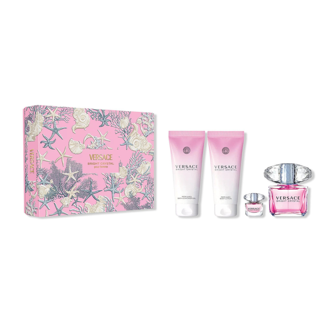 Versace Bright Crystal 4 Pcs Set For Women: 3 Oz Eau De Toilette Spray + 5 Ml Eau De Toilette Mini + 3.4 Body Lotion + 3.4 Bath And Shower Gel