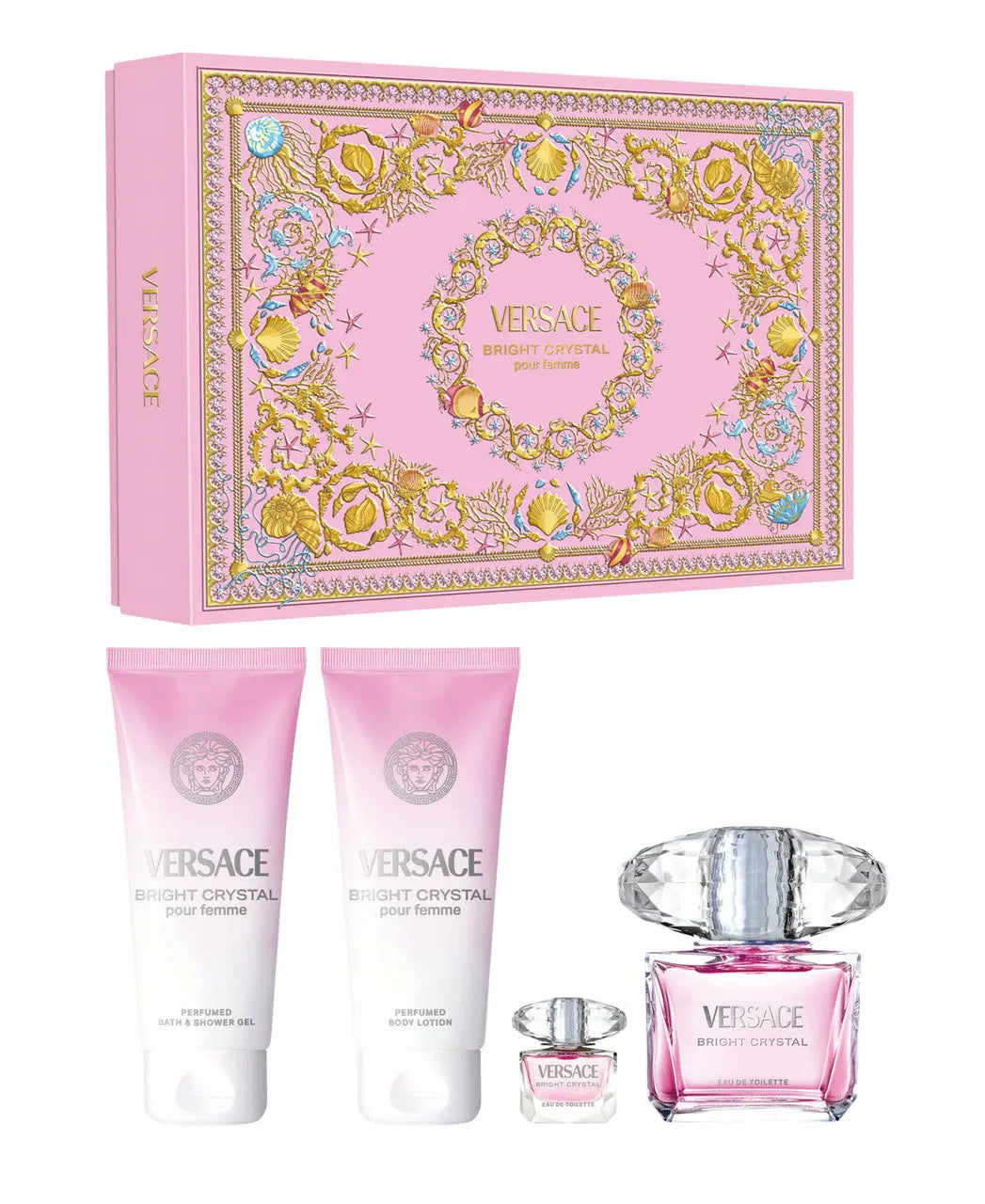 Versace Bright Crystal 4 Pcs Set: 3 Oz Eau De Toilette Spray + 5 Ml Eau De Toilette Mini + 3.4 Body Lotion + 3.4 Bath & Shower Gel Versace