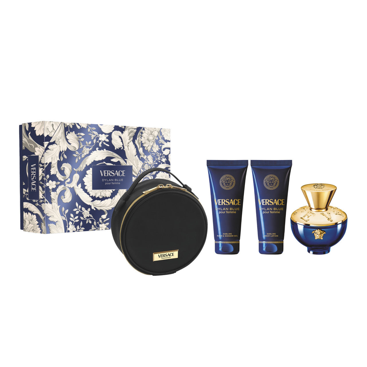 Versace Dylan Blue 4 Pcs Set For Women: 3.4 Eau De Parfum Spray + 3.4 Body Lotion + 3.4 Bath & Shower Gel + Make Up Case