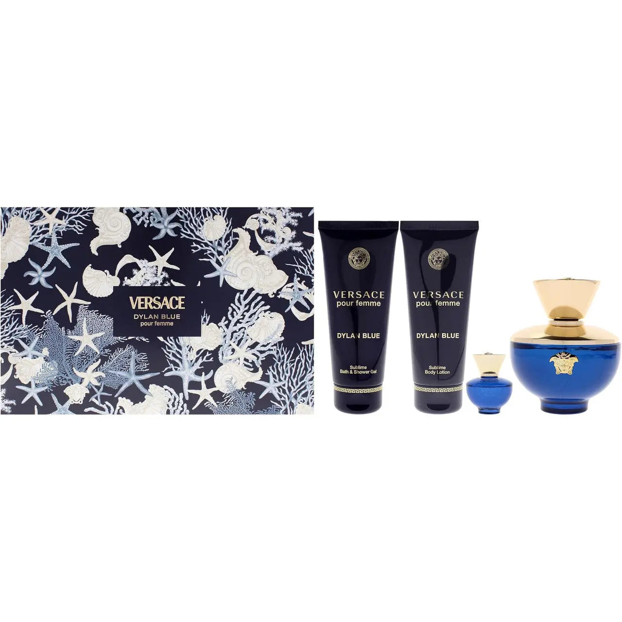 Versace Dylan Blue 4 Pcs Set For Women: 3.4 Eau De Parfum Spray + 5 Ml Eau De Parfum Mini + 3.4 Body Lotion + 3.4 Bath & Shower Gel Versace