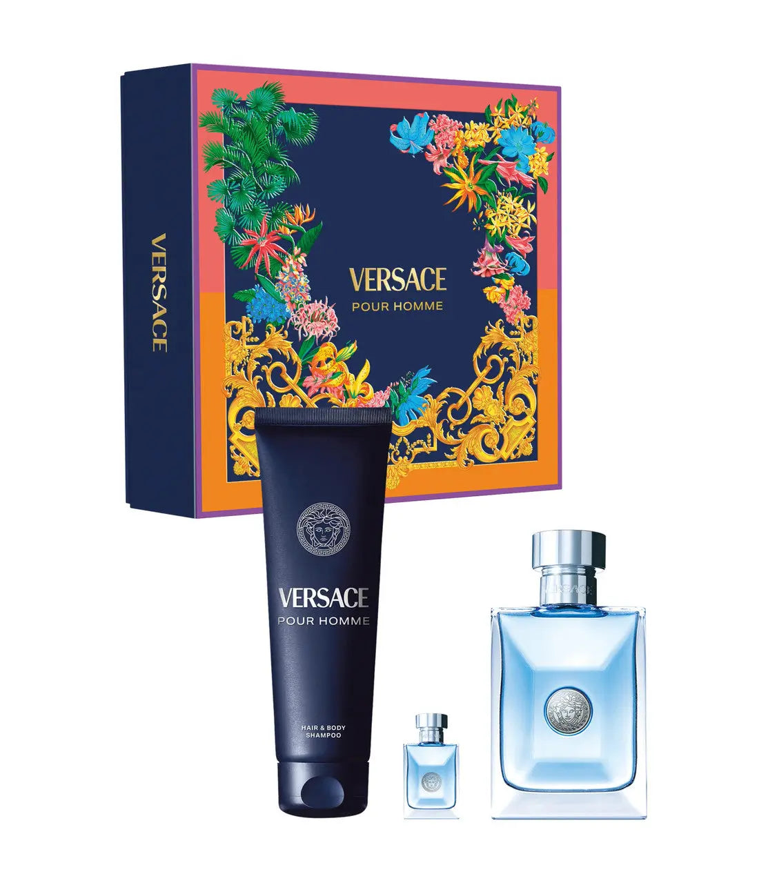 Versace Pour Homme 3 Pcs Set: 3.4 Eau De Toilette Spray + 5 Ml Eau De Toilette Mini + 5 Oz Hair & Body Shampoo Versace
