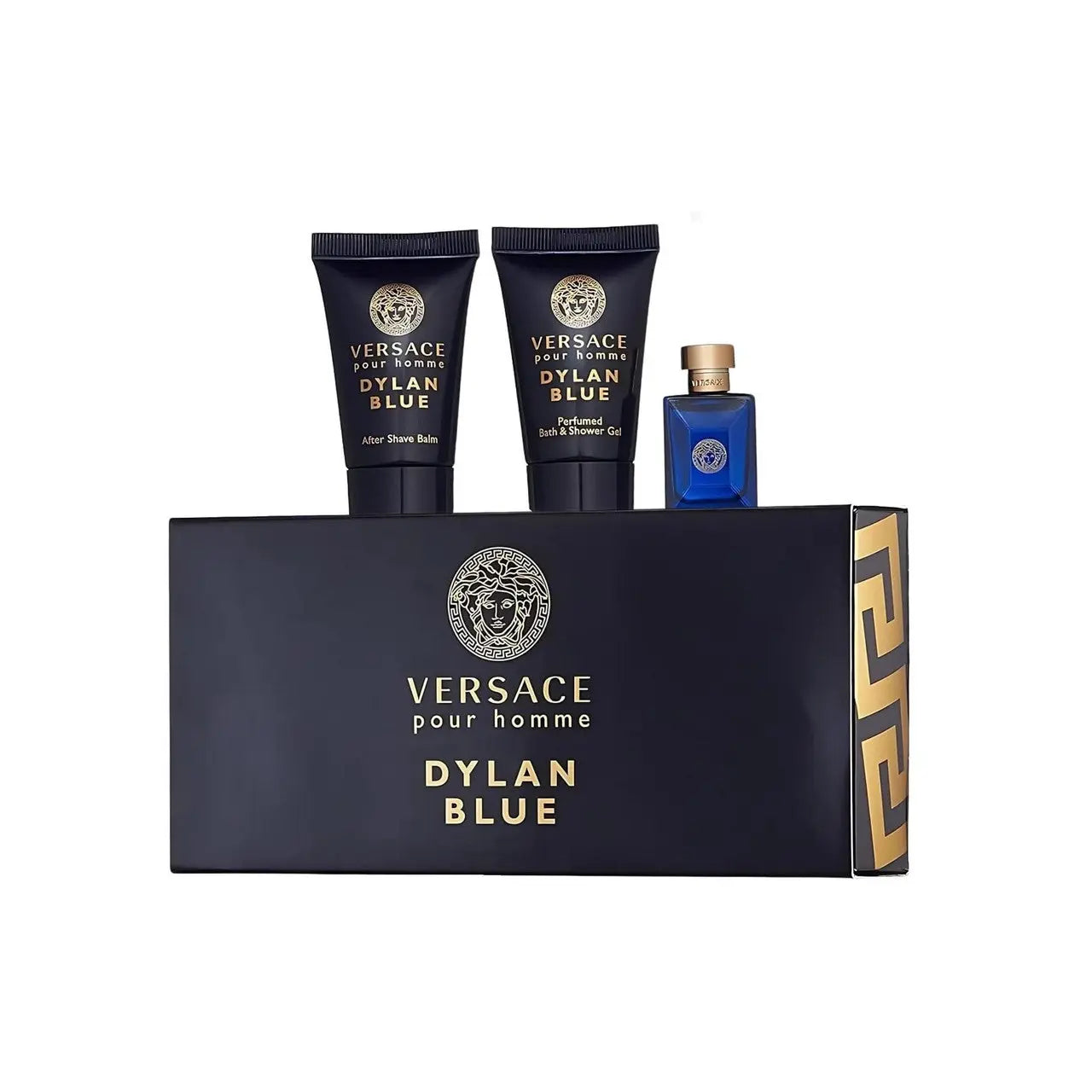 Versace Dylan Blue 3 Pcs Set For Men: 5 Ml Eau De Toilette Mini + 0.8 Shower Gel + 0.8 After Shave Balm Versace