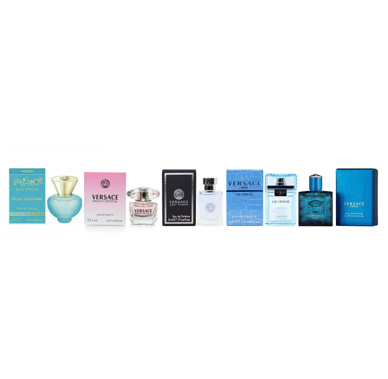 Versace 5 Pcs Mini Set: Eros 0.17 Eau De Toilette Men + Pour Homme 0.17 Eau De Toilette + Eau Fraiche 0.17 Eau De Toilette + Bright Crystal 0.17 Eau De Toilette + Dylan Turquoise 0.17 Eau De Toilette Versace