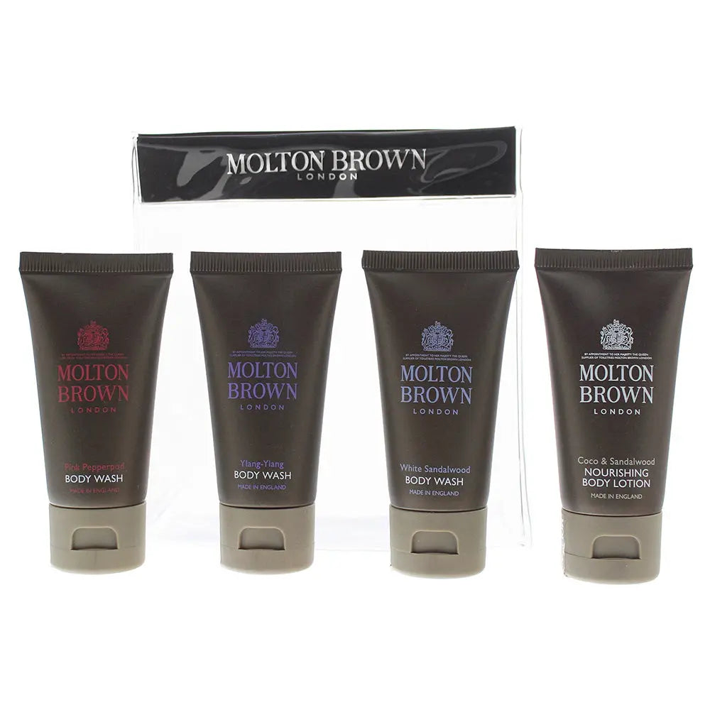 Molton Brown 4 Piece Gift Set: Coco Sandalwood Body Lotion 30ml - Ylang Ylang Body Wash 30ml - White Sandalwood Body Wash 30ml - Pink Pepperpod Body Molton Brown