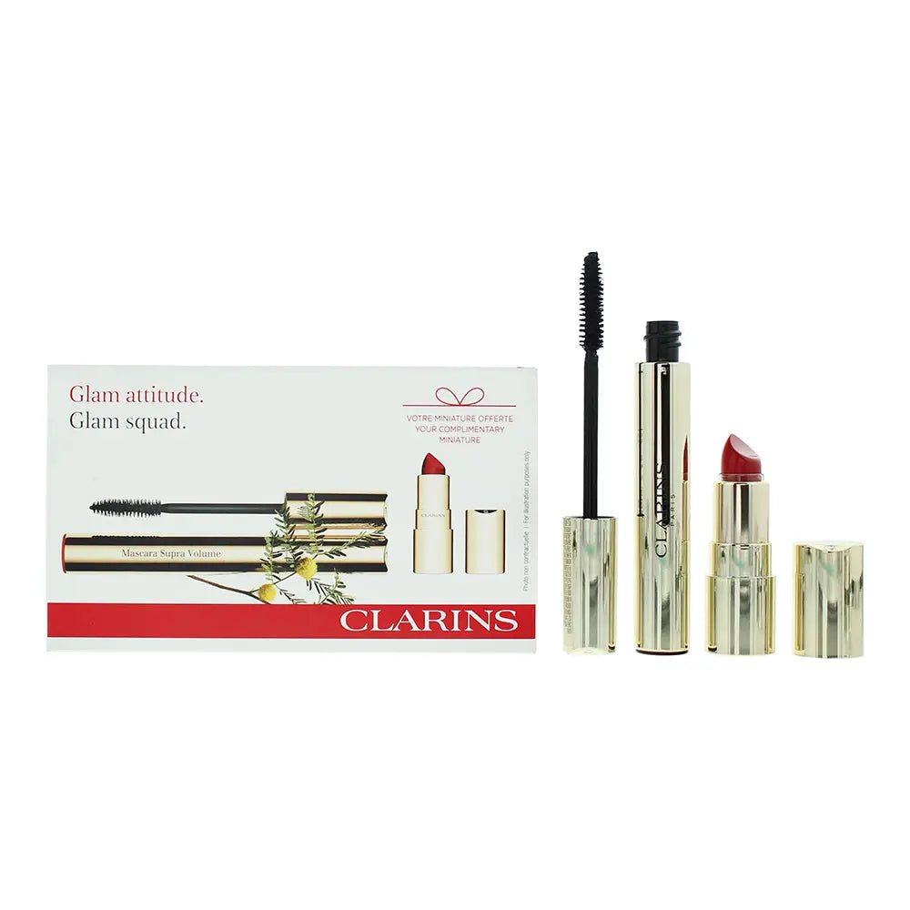 Clarins Glam Squad 2 Piece Gift Set: Supra Volume Mascara 8ml -  Mini Joli Rouge Velvet 742V Lipstick 1.5g Clarins