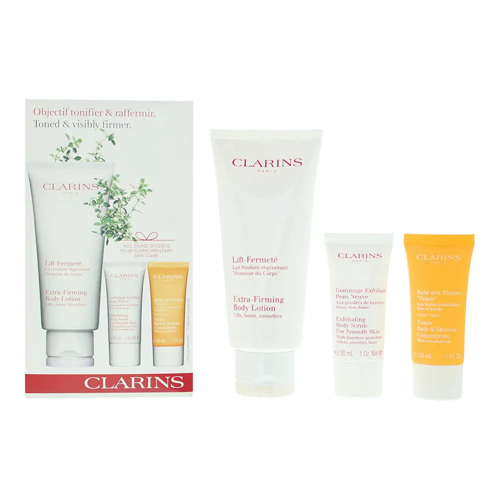 Clarins Toned  Visibly Firmer 3 Piece Gift Set: Body Lotion 200ml - Body Scrub 30ml - Tonic Bath  Shower 30ml Clarins