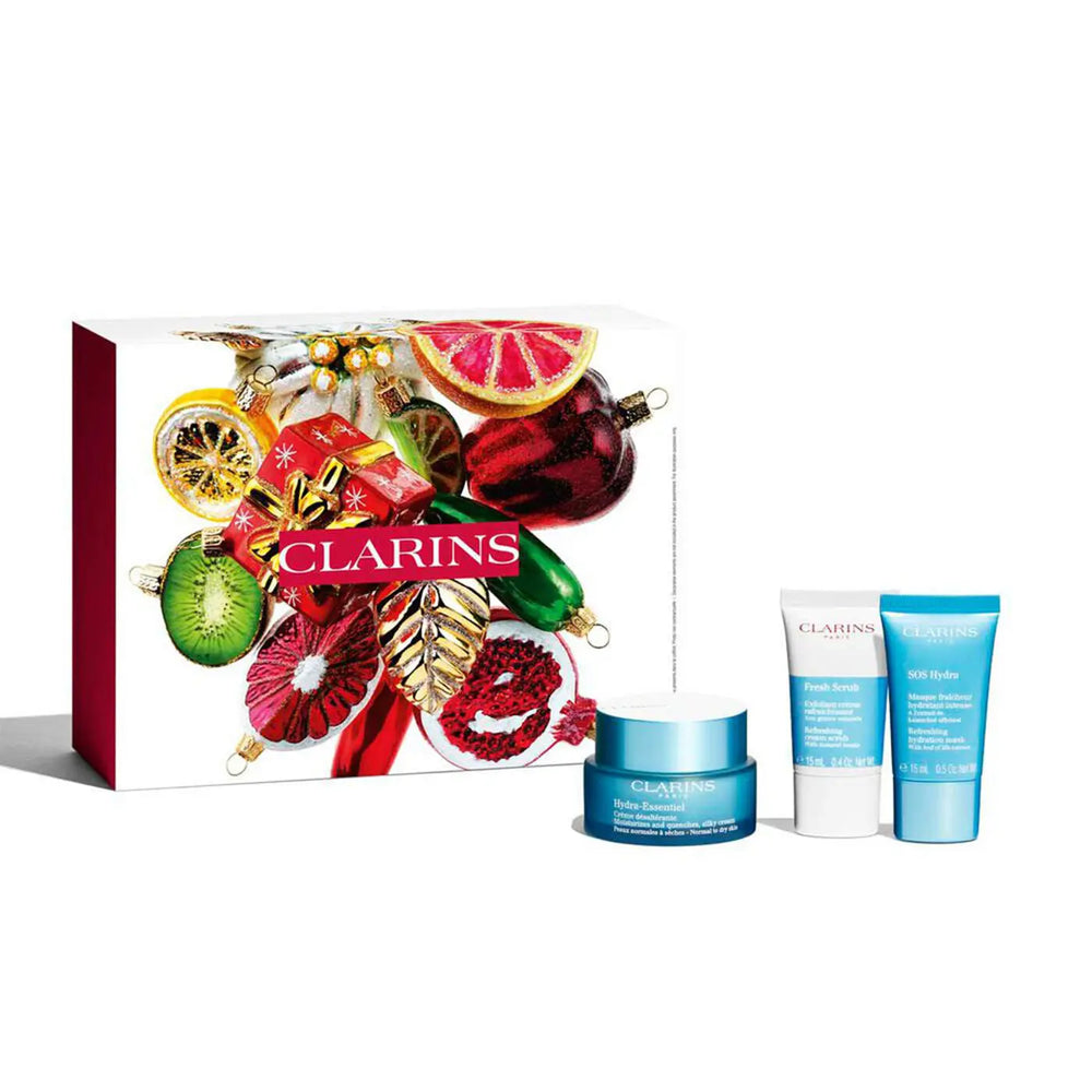 Clarins Hydra-Essentiel 4 Piece Gift Set: Day Cream 50ml - Fresh Scrub 15ml - SOS Hydra Mask 15ml - Pouch n/a Clarins