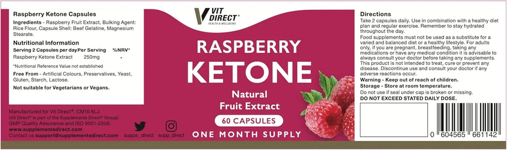 Vit Direct Raspberry Ketone Natural Fruit Extract 60 Capsules - 1 month supply Vit Direct