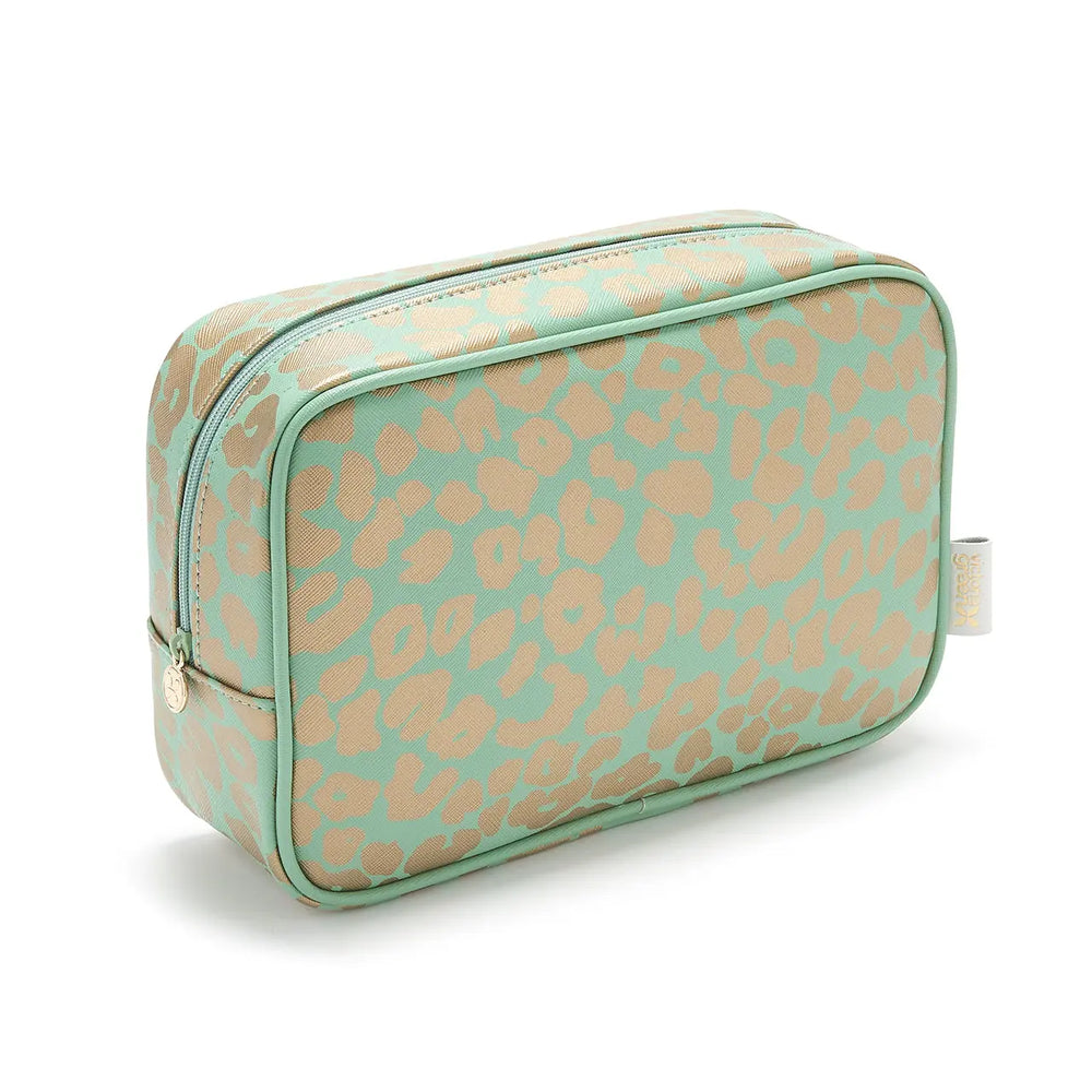 ladies wash bag in green and gold leopard print in waterproof fabric