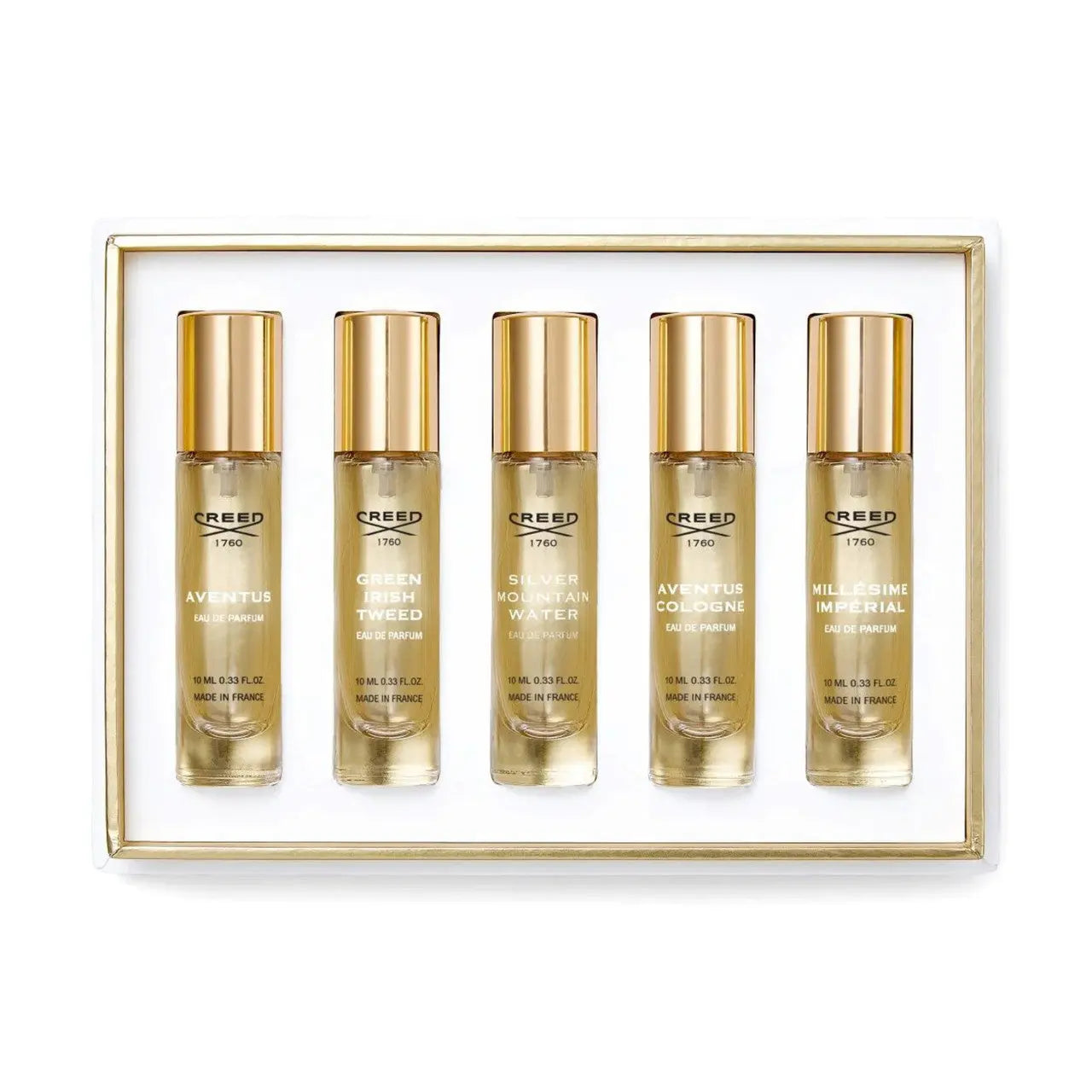 Creed 5 * 0.33 Eau De Parfum Spray Set For Men: Aventus + Aventus Cologne + Green Irish Tweed + Silver Mountain Water + Millesime Imperial Creed