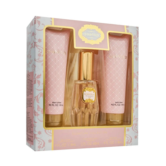 Chantilly 3 Pcs Set For Women: 2 Oz Eau De Toilette Spray + 4 Oz Body Lotion + 4 Oz Body Wash Dana