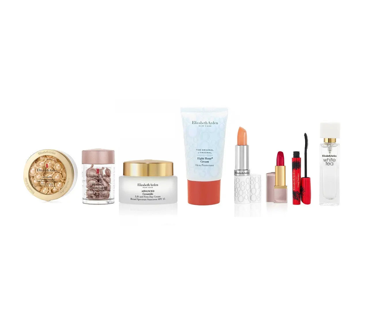 Elizabeth Arden 9 Pcs Set: Advanced Ceramide 60 Capsules + Retinol Ceramide 30 Capsules + Advanced Ceramide 1.7 Cream + 0.5 Skin Cream + 0.37 Lip Cream + 0.14 Lipstick Red Door 019 + 0.3 Mascara + White Tea 0.33 Edt Sp + Hand Bag Elizabeth Arden
