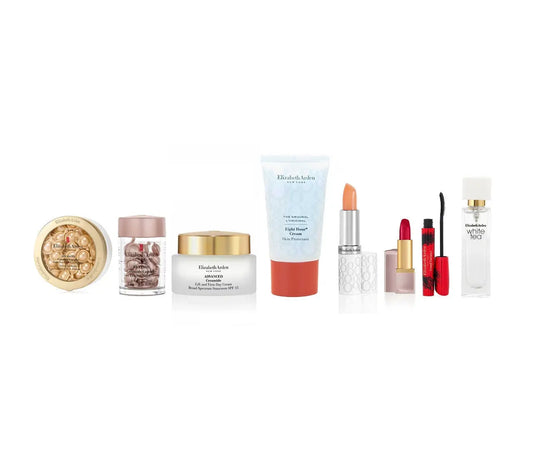 Elizabeth Arden 9 Pcs Set: Advanced Ceramide 60 Capsules + Retinol Ceramide 30 Capsules + Advanced Ceramide 1.7 Cream + 0.5 Skin Cream + 0.37 Lip Cream + 0.14 Lipstick Red Door 019 + 0.3 Mascara + White Tea 0.33 Edt Sp + Hand Bag Elizabeth Arden