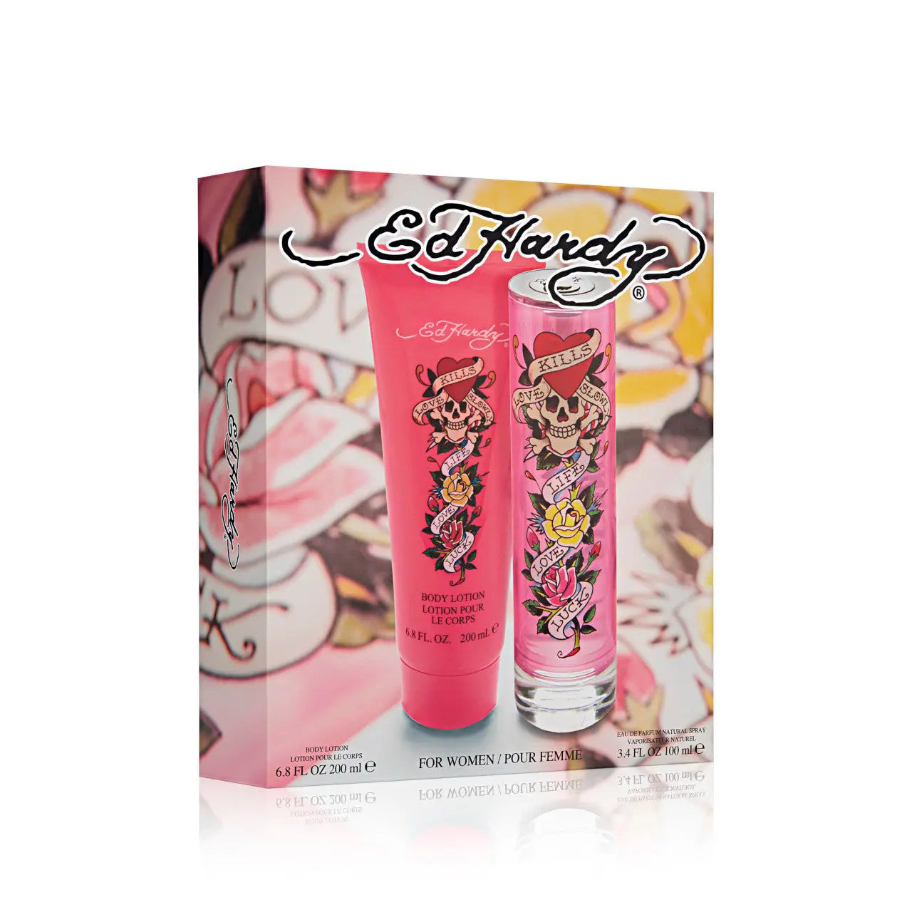 Ed Hardy 2 Pcs Set For Women: 3.4 Eau De Parfum Spray + 6.8 Body Lotion Ed Hardy