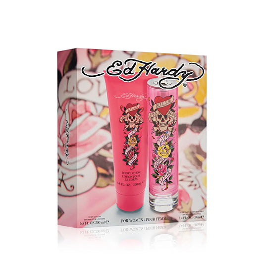Ed Hardy 2 Pcs Set For Women: 3.4 Eau De Parfum Spray + 6.8 Body Lotion Ed Hardy