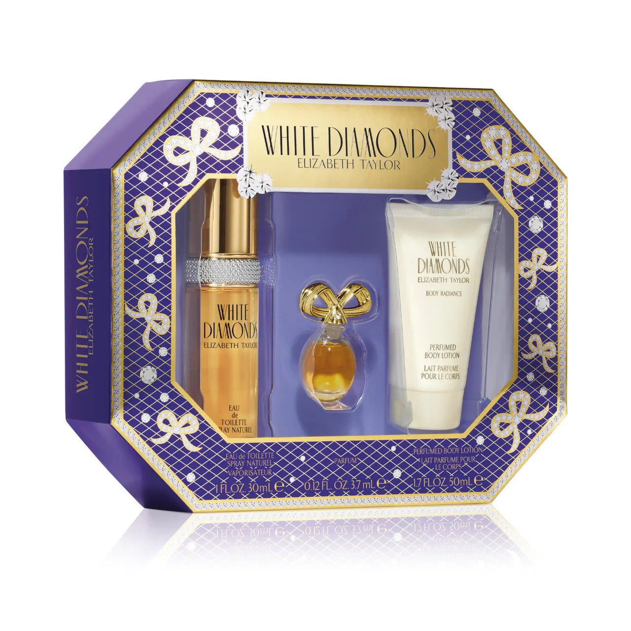 White Diamonds 3 Pcs Set For Women: 1 Oz Eau De Toilette Spray + 1.7 Body Lotion + 3.7 Ml Parfum Mini Elizabeth Taylor