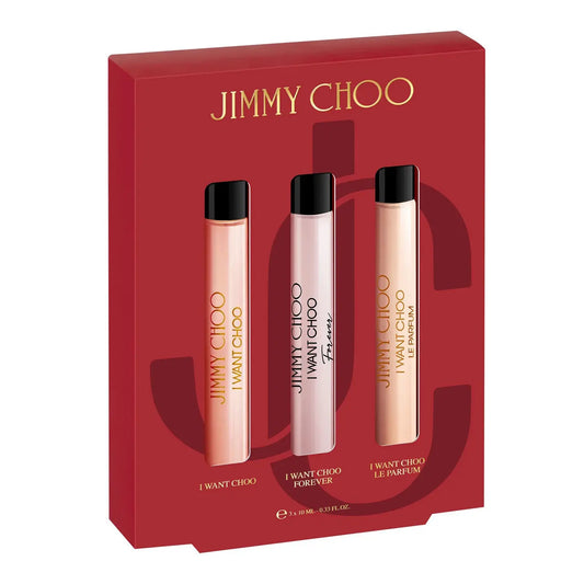 Jimmy Choo 3 Pcs Mini Set For Women: I Want Choo 0.33 Oz Eau De Parfum Spray + I Want Choo Forever 0.33 Oz Eau De Parfum Spray + I Want Choo Le Parfum 0.33 Oz Parfum Spray Jimmy Choo