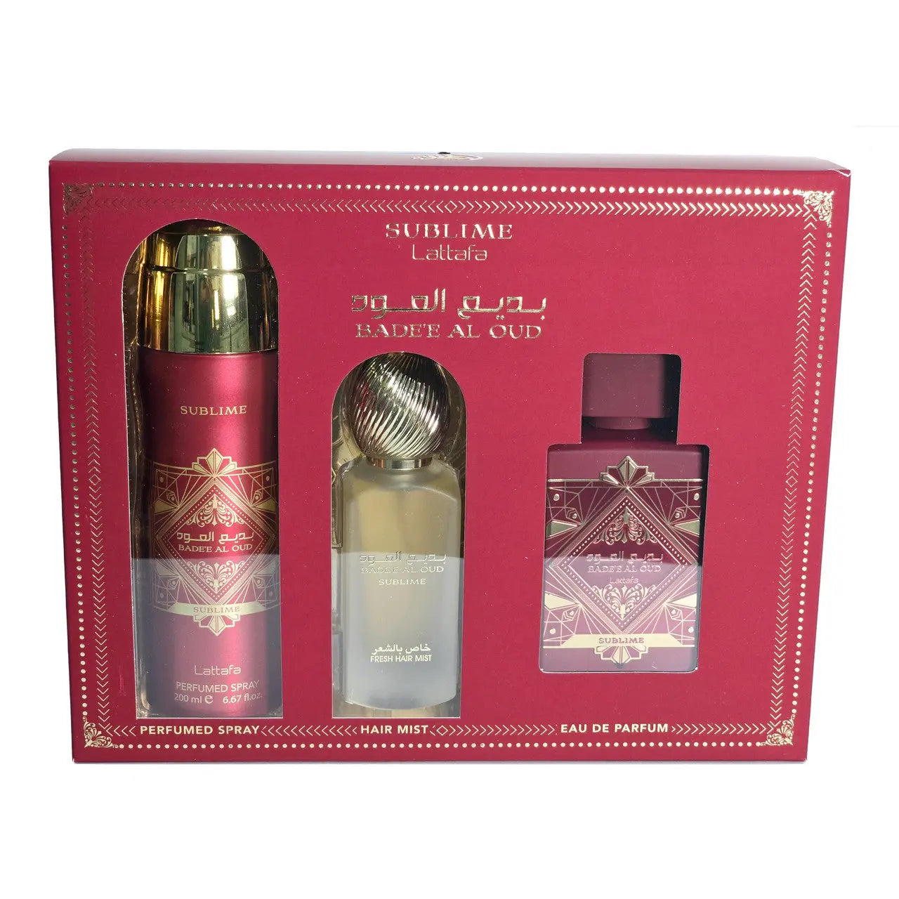 Lattafa Bade'E Al Oud Sublime 3 Pcs Set For Men: 3.4 Eau De Parfum Spray + 1.7 Hair Mist + 6.7 Perfumed Body Spray Lattafa