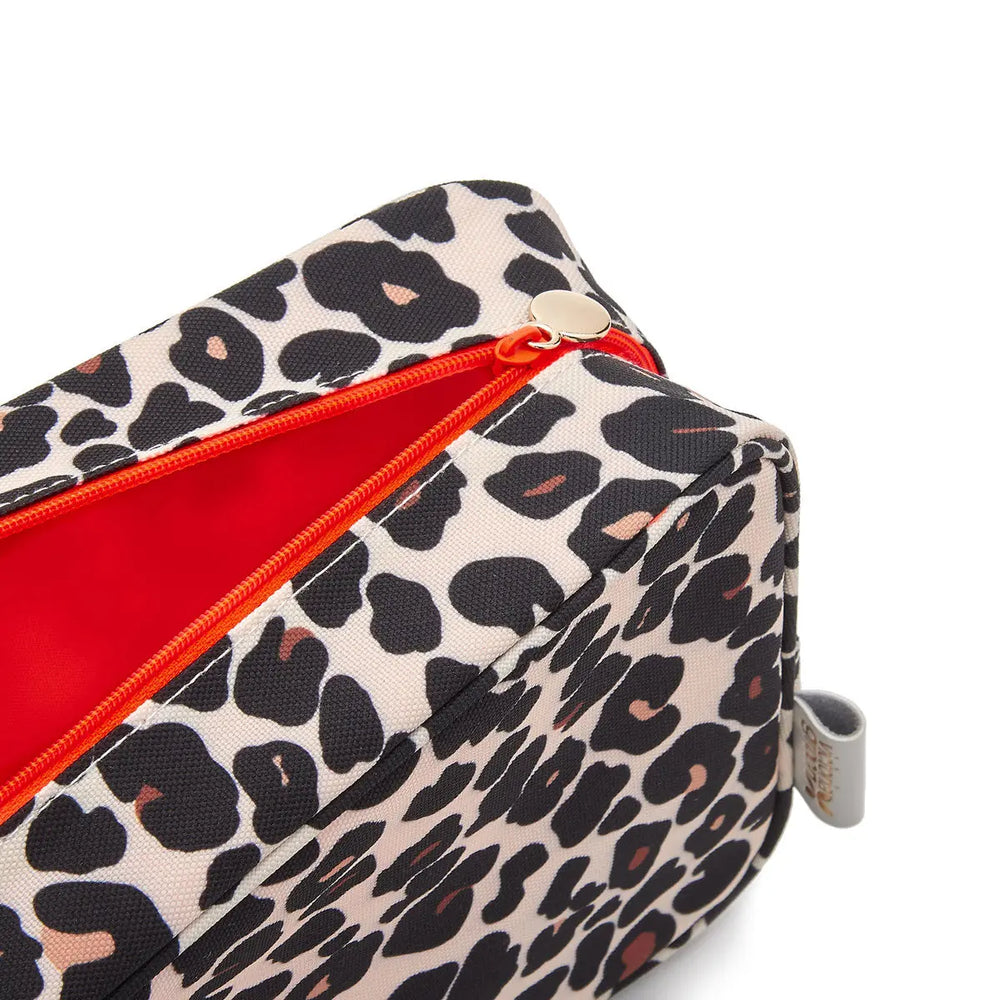 ladies wash bag detail leopard print tan bright orange lining