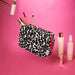 ladies wash bag leopard print tan with toiletries