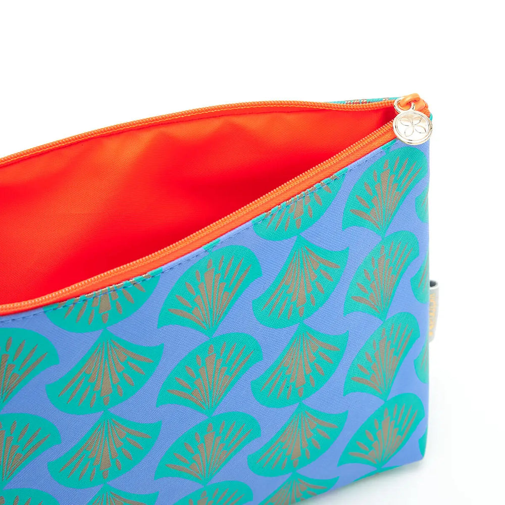 large makeup bag with bright orange interior lining