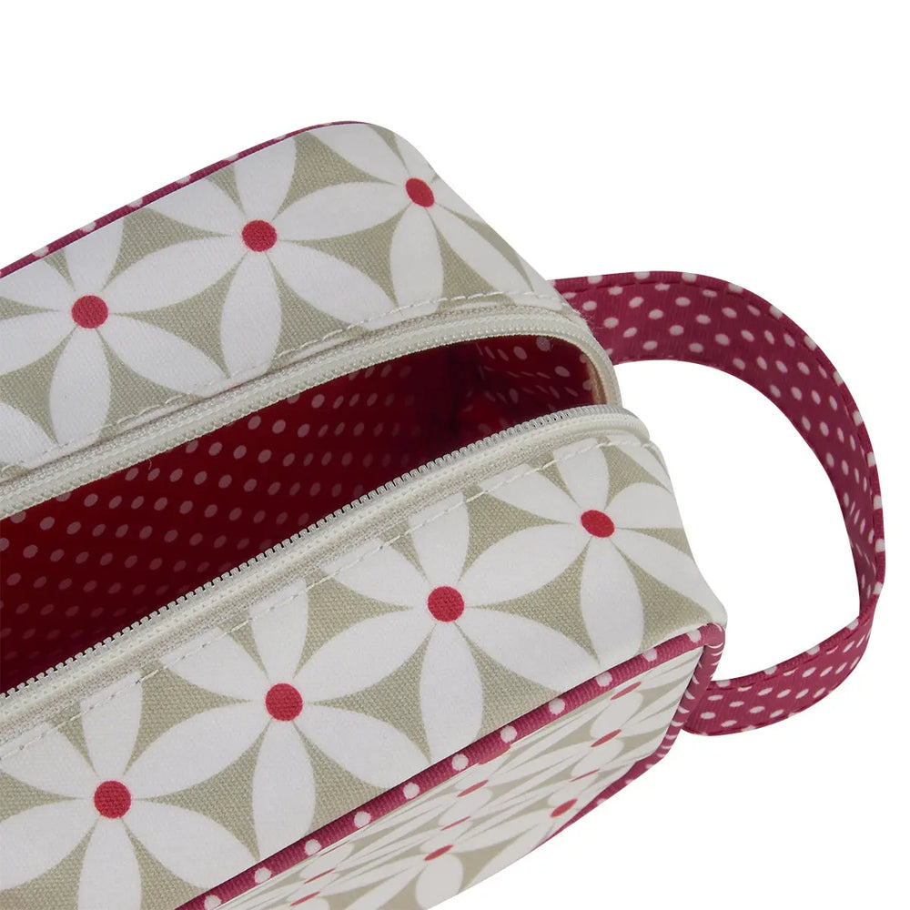 travel toiletry bag with red handle in daisy sage print interior 