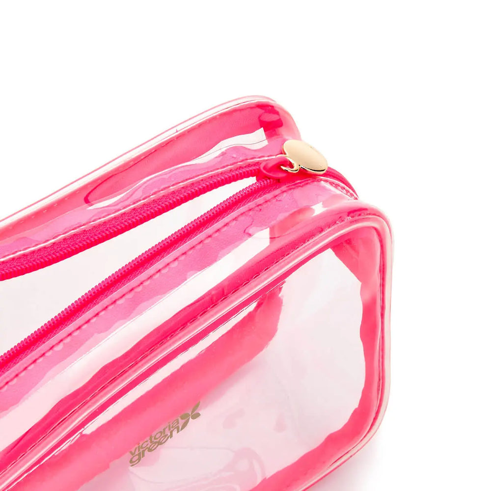 transparent makeup bag with pink trim and zip