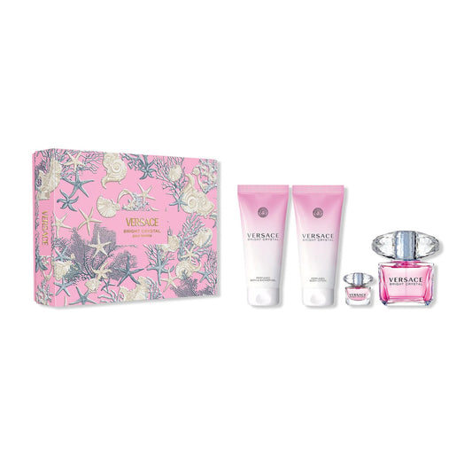 Versace Bright Crystal 4 Pcs Set For Women: 3 Oz Eau De Toilette Spray + 5 Ml Eau De Toilette Mini + 3.4 Body Lotion + 3.4 Bath And Shower Gel