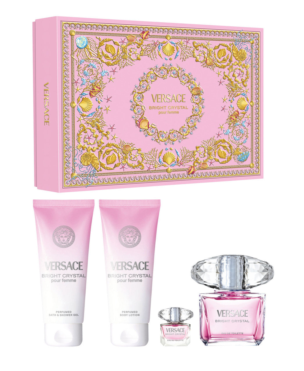 Versace Bright Crystal 4 Pcs Set: 3 Oz Eau De Toilette Spray + 5 Ml Eau De Toilette Mini + 3.4 Body Lotion + 3.4 Bath & Shower Gel
