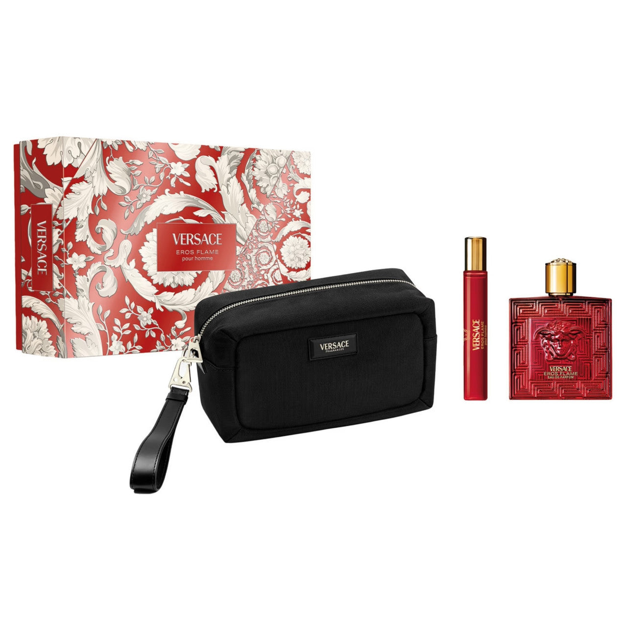 Versace Eros Flame 3 Pcs Set For Men: 3.4 Eau De Parfum Spray + 0.3 Eau De Parfum Spray + Pouch