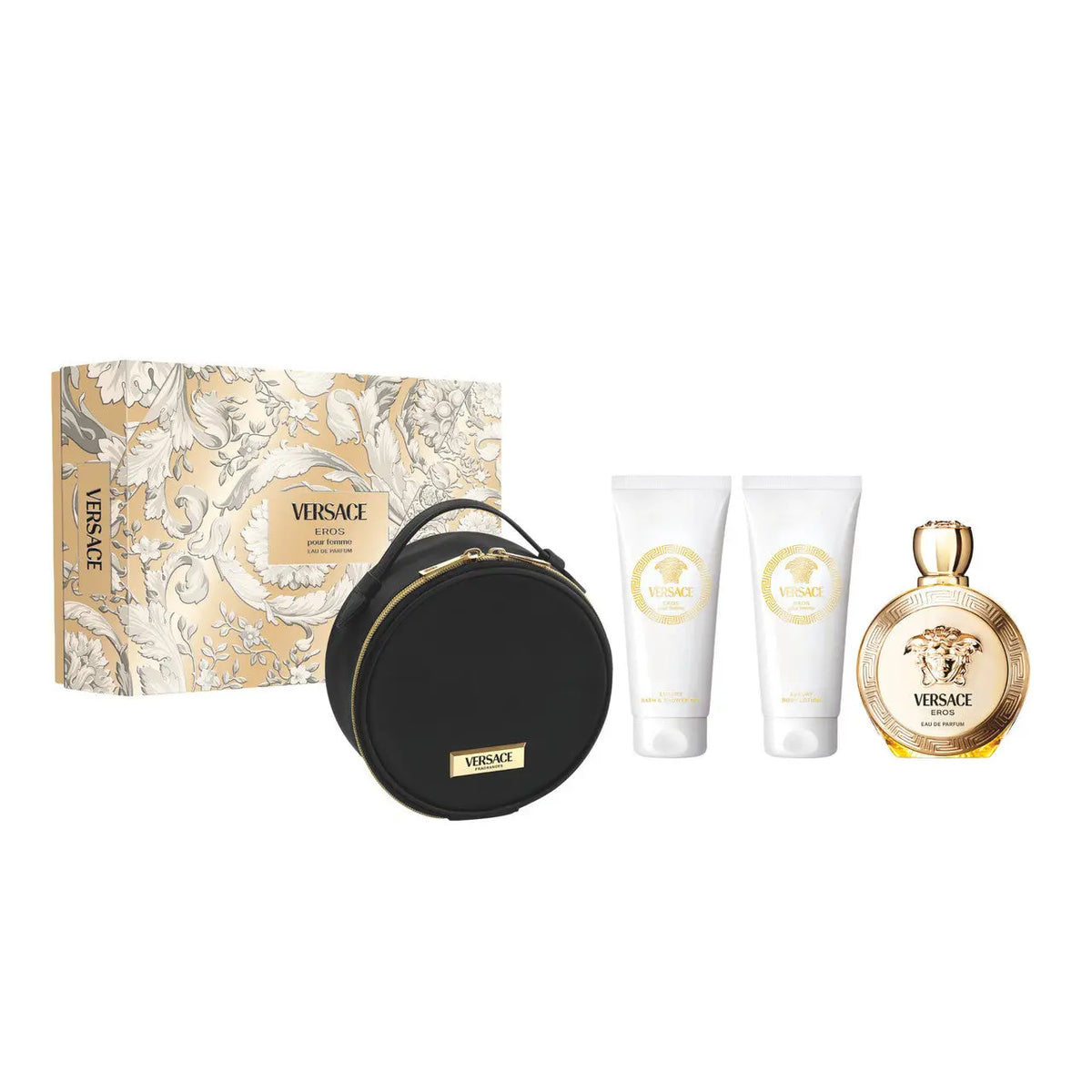 Versace Eros 4 Pcs Set For Women: 3.4 Eau De Parfum Spray + 3.4 Body Lotion + 3.4 Bath & Shower Gel + Round Make Up Case