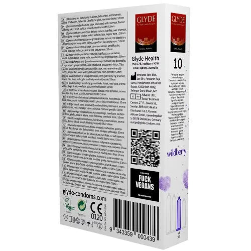 Glyde Ultra Wildberry Flavour Vegan Condoms 10 Pack Glyde Vegan Condoms